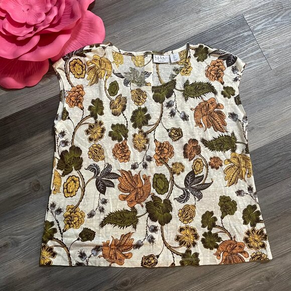 NICOLE MILLER Sz L 100% Linen Floral Stretch Linen Button Accent Back Top - Picture 1 of 7